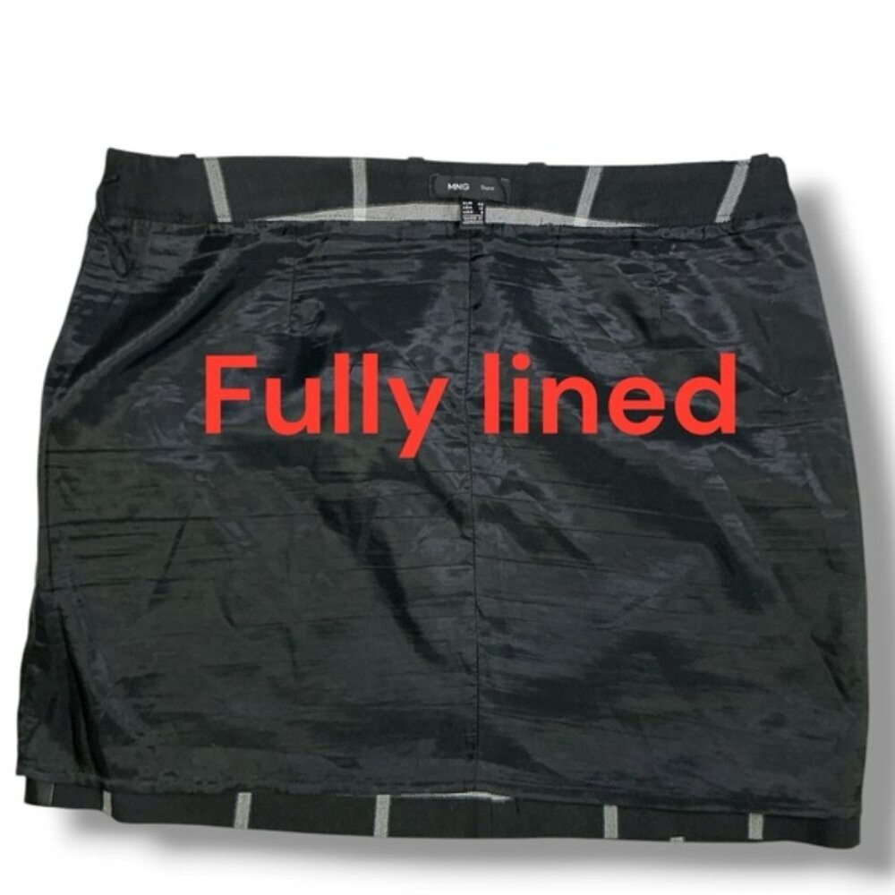 MNG Windowpane Plaid Skirt Faux Leather Trim Pockets Black White Gray Size 10 - Picture 7 of 15